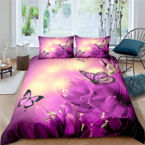 Luxury 3D Purple Butterfly Print Home Living Comfortable Duvet Cover Pillowcase Kids Bedding Set Queen and King EU/US/AU/UK Size