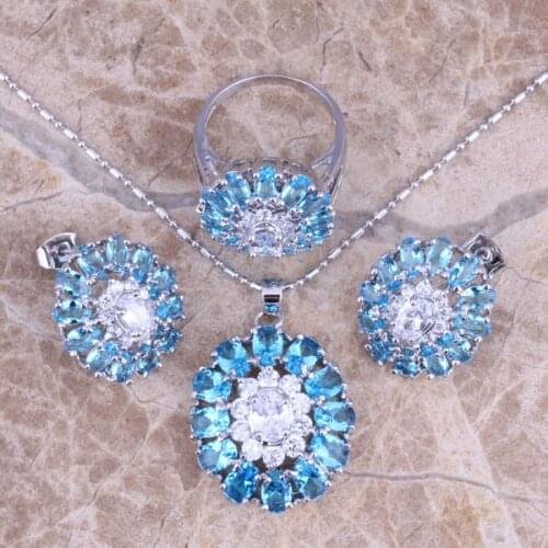 Lovely Sky Blue Cubic Zirconia White CZ Silver Plated Jewelry Sets Earrings Pendant Ring Size 6 / 7 / 8 / 9 / 10 S0426