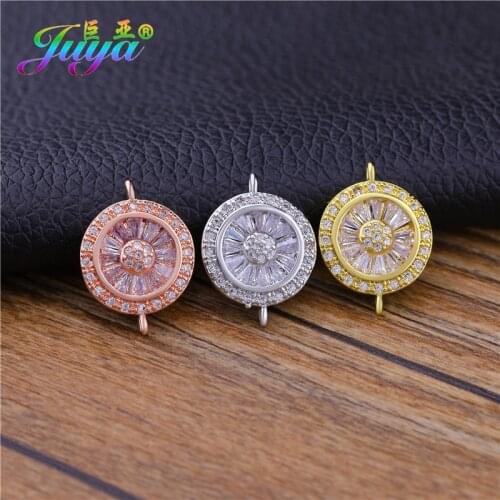Juya Handmade Cubic Zirconia 2 Loops Round Charm Connectors Accessories For DIY Fashion Bracelet EarringsNecklace Jewelry Making