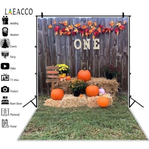 Laeacco Autumn Backdrops Farm Yard Wood Wall Haystack Pumpkin Flowers Photography Backgrounds Baby Portrait Photophone Photocall