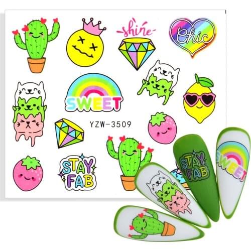 Cute Cartoon Cactus Orange Diamond Abstract Lady Face Nail Water Decal Alphabet Flower Sliders Paper Nail Art Decor Sticker Foil