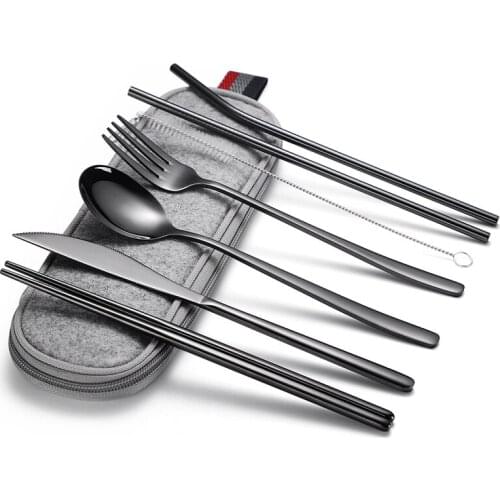 8pcs Stainless Travel Camping Cutlery Set Straight Bent Drinking Straw with Case Cleaning Brush Set Coffee Spoon Metal Reusable