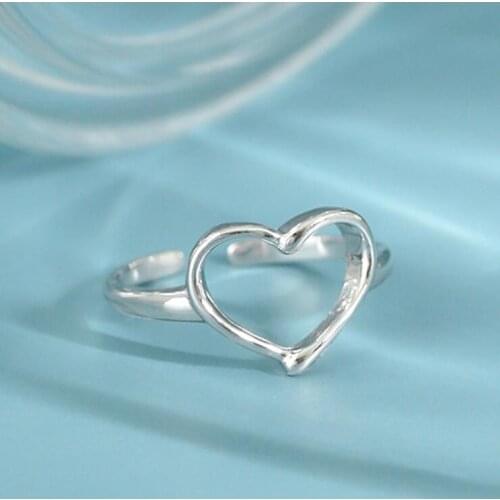 New Fashion Minimalist Personality Heart 925 Sterling Silver Jewelry Smooth Hollow Heart-shaped Popular Opening Rings R658