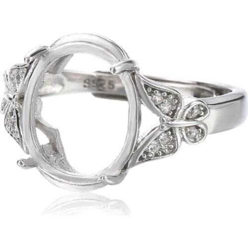 Ring Setting for 10x12mm Oval Cabochons White Gold Plated 925 Silver Zircon Adjustable Band Ring Blank SR0024