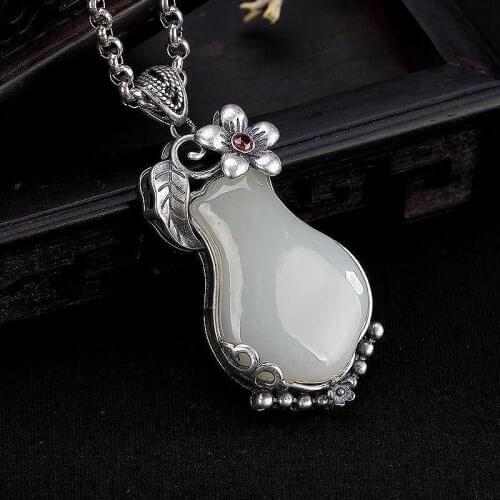 Original Retro S925 Silver Plum Vase National Style Hetian Jade White Jade Retro Personality Female Sweater Chain Pendant Penda