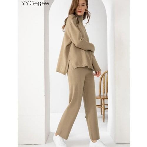 Oversize casual 2 Pieces sweater Set Women turtleneck Sweater Pullover + straight Trousers women CHIC sweater thick pants suit