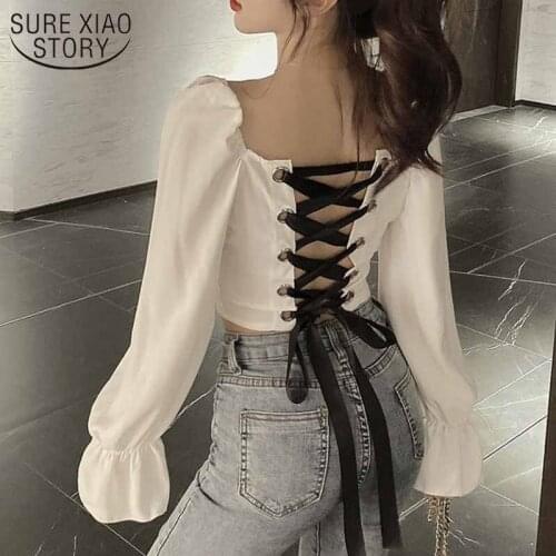 Sexy Slim Ruffle Clavicle Shirt Vintage Back Hollow Cross Tie Black Short Tops Spring Long Sleeve Drawstring White Blouse 12577