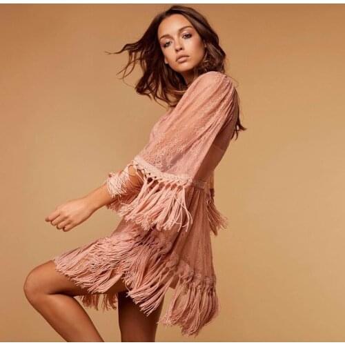Semi-transparent Asymmetrical Lace Tassel Fringe Half Sleeve Irregular Hem Flare Sleeve Mini Round Neck Dress