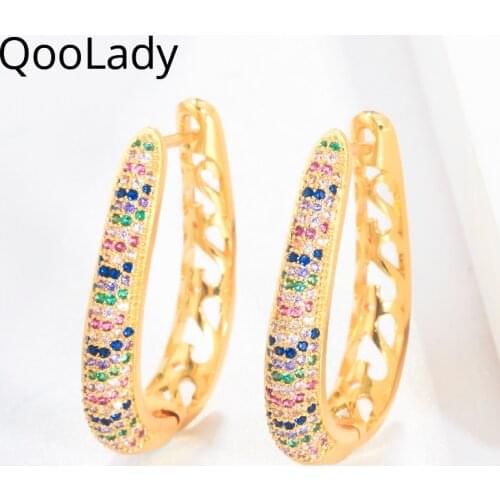 QooLady Unique Design Gold U Shape Rainbow Color Cubic Zirconia Hollow Open Hoop Earrings for Women African Wedding Jewelry E036