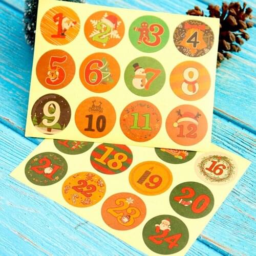 Christmas Calendar Number Kraft Paper Sticker High Quality Sealing Label Bakery Cookie Packaging Gift Bag Candy Box Decoration