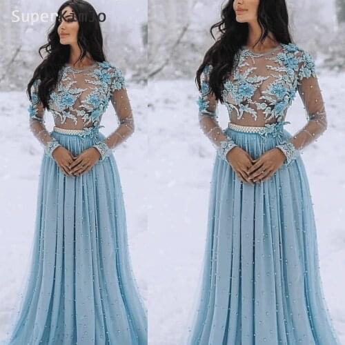 SuperKimJo Beaded Prom Dresses 2020 Vestidos De Fiesta De Noche Largos Elegantes Blue Lace Applique Handmade Flowers Prom Gown