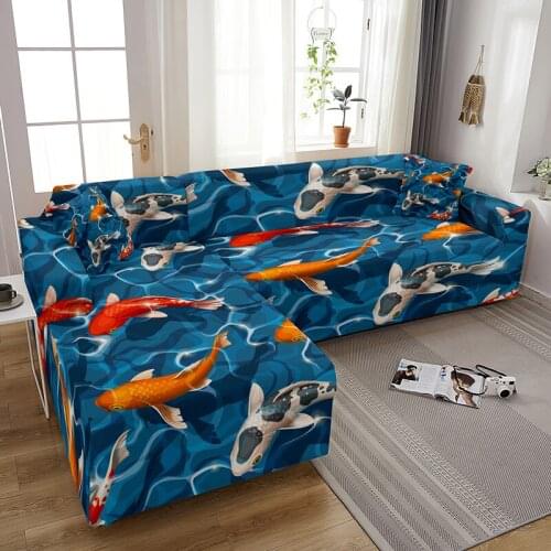 Super Stretch Sofa Slipcover Koi Fish Printed Couch Cover Furniture Protector Universal Armchair/ Loveseat/ L Shape Non Slip