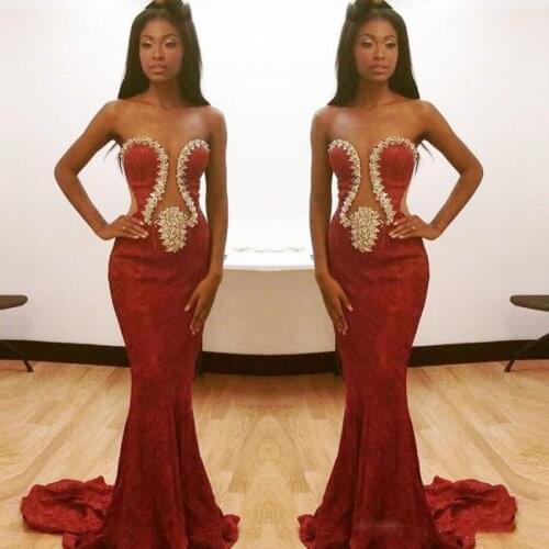 Dark Red Sweetheart Beaded Prom Dresses Cutaway Sheer Waist Mermaid Evening Gowns Sweep Train South African Formal Party Dress