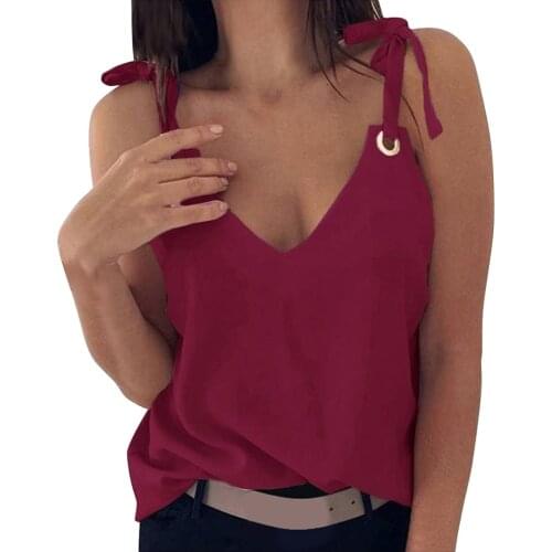 30# New Summer Vest Womens Fashion Solid Top Sleeveless Shirts V-Neck Bow Casual Tank Top Plus Size Blouse топ женский