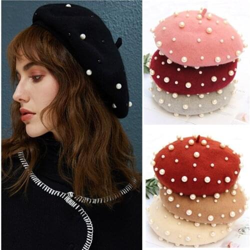 Women Girl Luxury Pearls Beret Hats French Artist Cashmere Retro Beanie Flat 2021 Autumn Fashion Lady Female Solid Color Cap