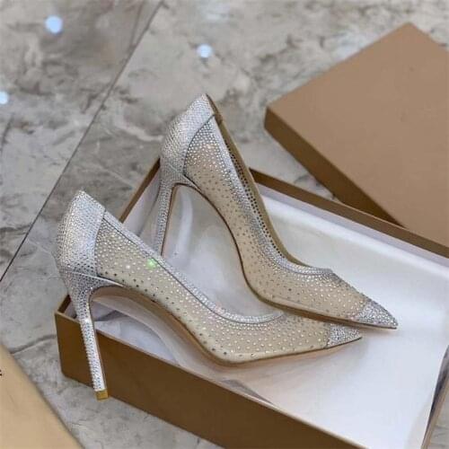 2021 summer lace mesh yarn pointed stiletto crystal bridal wedding shoes large size small size banquet dress female sandals