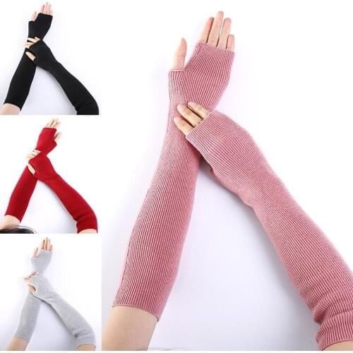 Women Warm Knit Wool Fingerless Gloves Winter Mittens Knitted Half Finger Cuff Gloves Long Women Mittens Fingerless Gloves
