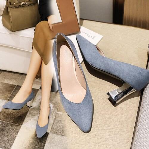 2020 Women Pumps Ladies Thick High Heels Shoes Pointed Toe Suede Work Shoes Slip On High Heels Spring Simple Footwear 32-43