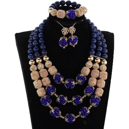 New Navy Blue African Crystal Beaded Statement Necklace Set Dark Blue Nigerian Party Anniversary Women Jewelry Set WE208