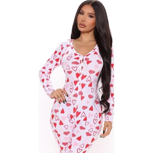 Heart Pattern Bodycon Women Playsuit Long Sleeves Slim Fit Casual Long Pants Romper Sleepwear Female Valentines Day Jumpsuit