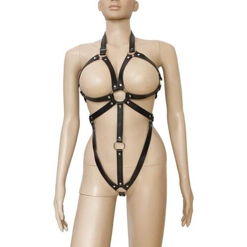 Womens PU Leather Strappy Body Harness Halter Neck Teddies Crotch Ring Cupless Bodysuit Fetish Cosplay Sub Role Play Costume