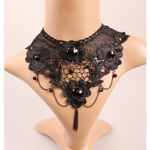 Good Look Black Flower Lace and Chain Tassels Girl`s Fashion Collar Necklace Choker