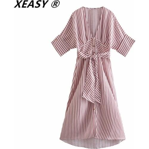 XEASY Women 2021 Elegant V Neck Striped Print Bow Sashes Midi Shirt Dress Female Short Sleeve Hem Irregular Slim Vestidos Mujer