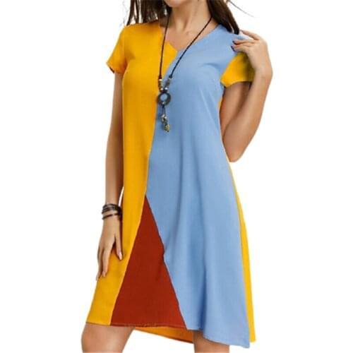 5XL Oversized Patchwork Women Dress Short Sleeve V-neck Loose Casual Party Long T shirt Mini Dress 2021 New Summer A-line Dress