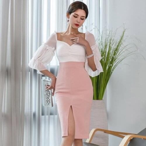 Fashion women fresh high quality v-neck dress new arrival office lady temperament elegant patchwork chiffon cute pencil dress