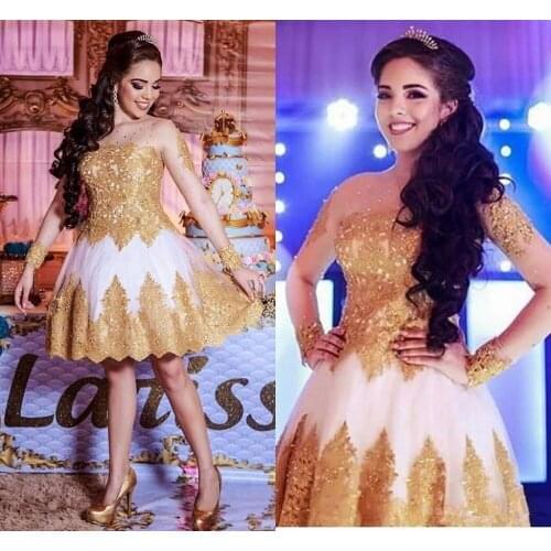 Vestidos De Festa A Line Bride Party Gowns Sheer Long Sleeves Beaded Lace Applique Homecoming Dresses 2020