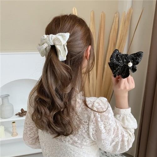 2021 New Arrive Korea Style Sweet Hairpin Cute Ribbon Bow Imitation Pearl Banana Hair Clip Women Fashion Hair Accessories