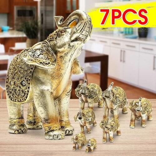 7Pcs/Set Feng Shui Elephant Statue Ornaments Lucky Wealth Figurine Resin Crafts Gift Home Office Decoration