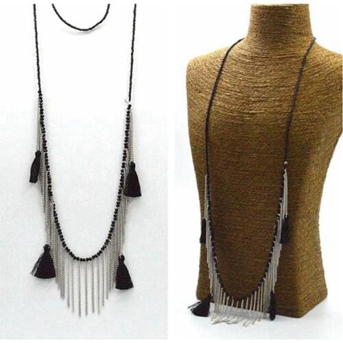 White Chain Vintage Black Tassels Statement Long Beads Necklace Women 2015 Fashion Jewelry Accessories N15544