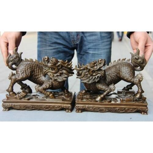 Bi002234 Chinese Royal Copper Bronze Feng Shui Evil Foo Dog Lion Kylin Kilin Kirin Pair