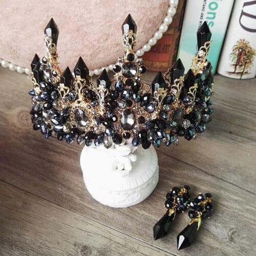 Himstory Black/Blue Baroque Royal Large Crystal Tiara Crown Retro Handmade Rhinestone Headpiece Hairbands Queen Wedding Jewelry