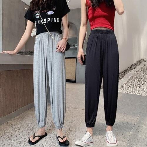 Summer thin cropped trousers womens breathable solid color cotton thin all-match sports pants womens drape loose lantern pants