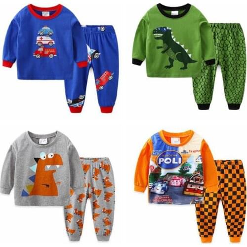 Kids Cartoon Cotton Pajamas Boys Casual Pyjamas Suit Girls Long Blouses+Trousers 2-Piece Home Sleepwear Sets For Spring Autumn