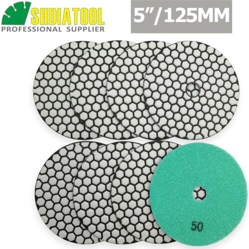 SHDIATOOL 8pcs Grit#50 5inch Diamond Flexible Dry Polishing Pads Sanding Disc Granite Marble Ceramic Quartz Stone Polisher Pad
