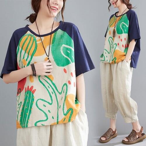 Summer Women Cotton t-Shirt Short-Sleeved Vintage Abstract Art Printing Stitching Casual Loose Female O-neck Pullover Tops Tee