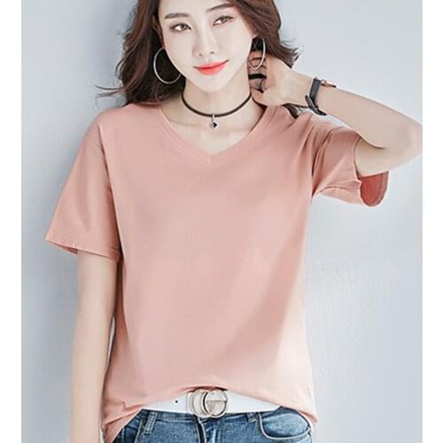 Tshirt Women 2019 Summer T Shirt Women Solid Color Casual Tee Pink Green Short Sleeve V-Neck Ladies Tees Tops Female T-Shirt New