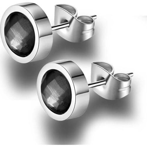 Hot Sale Stainless Steel Crystal Black Blue White Colorful Geometric Round Shape Stud Earring Men Punk Bohemia Earrings Jewelry