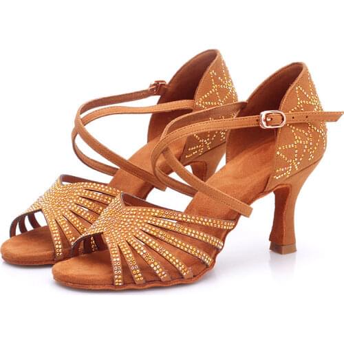 USHINE BD211 Heel 7.5cm Silk Satin Apricot Brown Latin Dance Shoes Champagne Color Rhinestone Salsa Shoes Woman Zapatos De Mujer