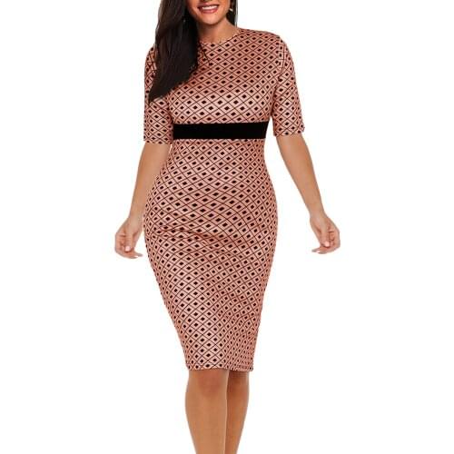 Plaid Round Neck Sleeves Stitching Slim Slimming Banquet Bag Hip Dress Dresses Women Party Dress