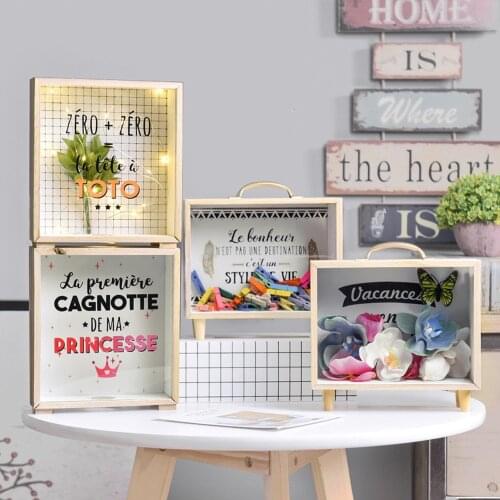 Wood Crafts Photo Frame Piggy Bank Money Coin Bank Desktop Decoration Ornaments Storage Cash Box Photography Background Props