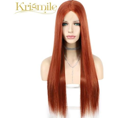 Krismile Copper Red Synthetic Lace Wig Long Straight T Middle Parting Soft Hair Daily for Women Cosplay Party High Temperature