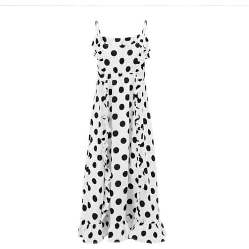 DANCING WINGS Summer style dot printed spaghetti strap ruffle chiffon dress women elegant