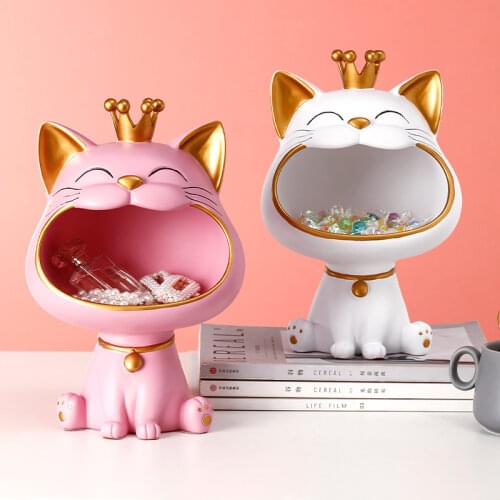 Cute Cat Statue Nordic Resin Big Mouth Cat Figurine Sculpture Candy Storage Box Key Snacks Container Home Decor Ornament Gift