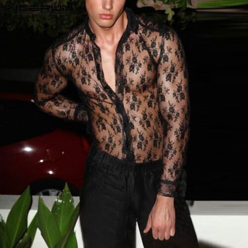 Men Mesh Shirt See Through Sexy Long Sleeve Lapel Button Blouse Fashion Streetwear Party Nightclub Shirts Camisas S-5XL INCERUN