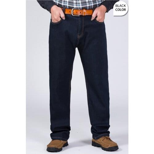 Mens Stretch Office Overalls Pants Winter Classic Big Size Fleece Jeans for Man Baggy Warm Black Business Denim Trousers