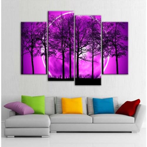 Dead Trees Purple Night Sky 4 Panel Wall Art Painting Picture Print On Canvas Pictures for Home Decor Decoration